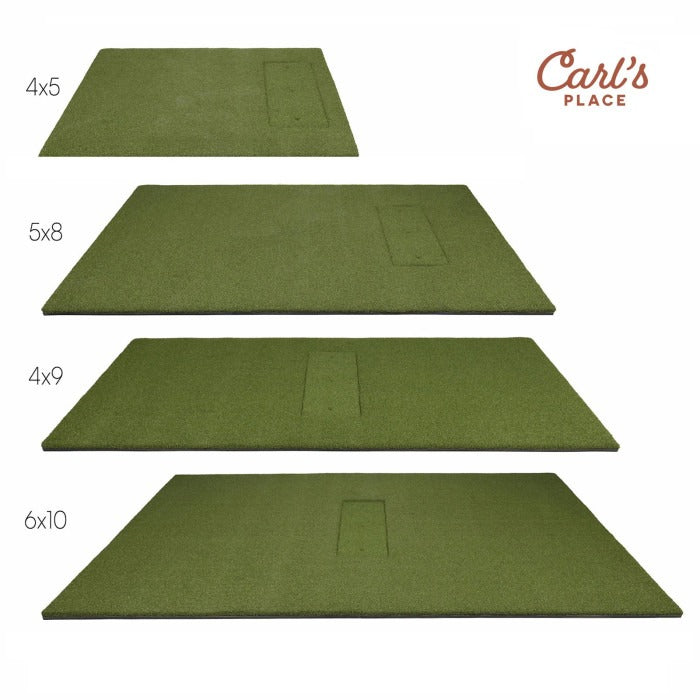 Carl's Place HotShot™ Hitting Mat - four green mats compared by size from 4x5 to 6x10 with the brand logo