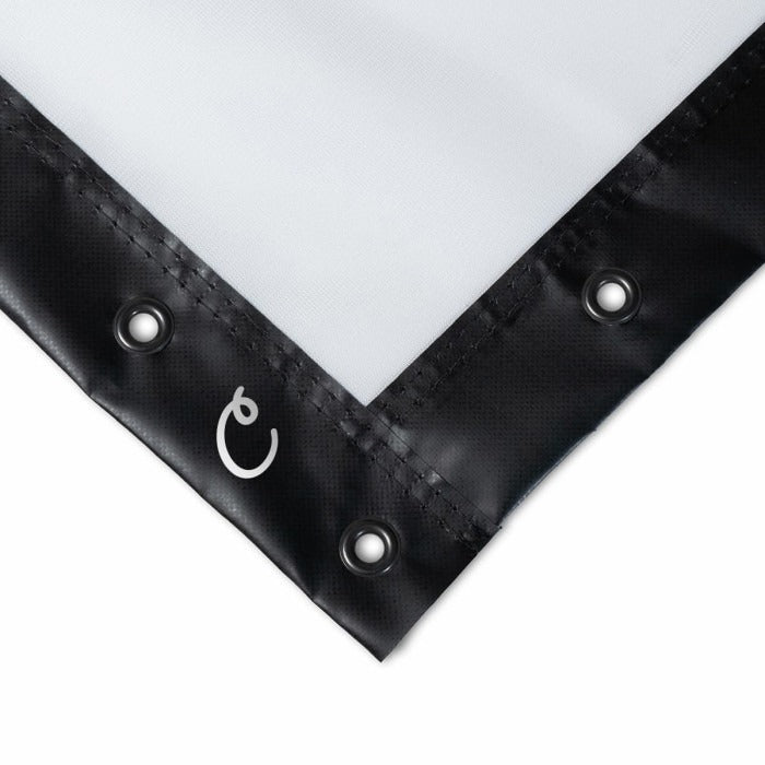 Carl's Place Preferred Impact Screen - corner close-up of the white screen with black hemmed border and grommets