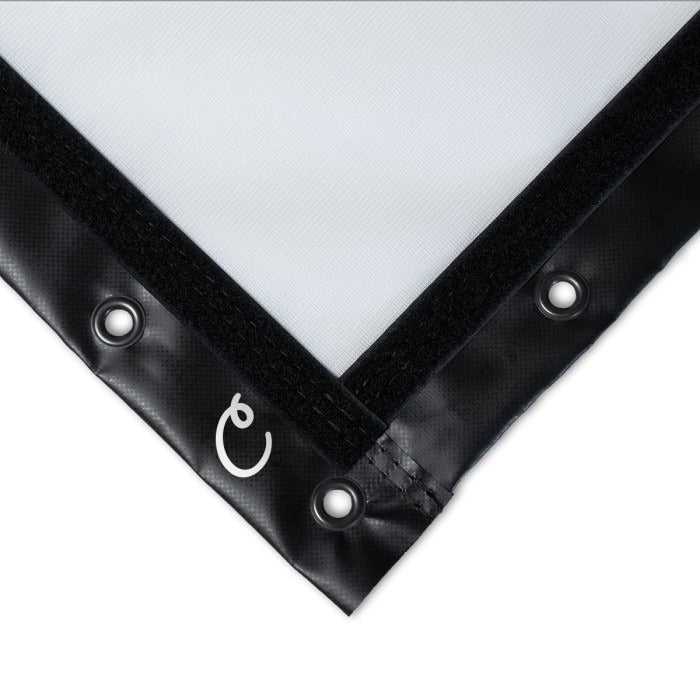 Carl's Place Preferred Impact Screen - close-up of the corner showing black classic with loop fatener impact screen hook-and-loop edging and metal grommet