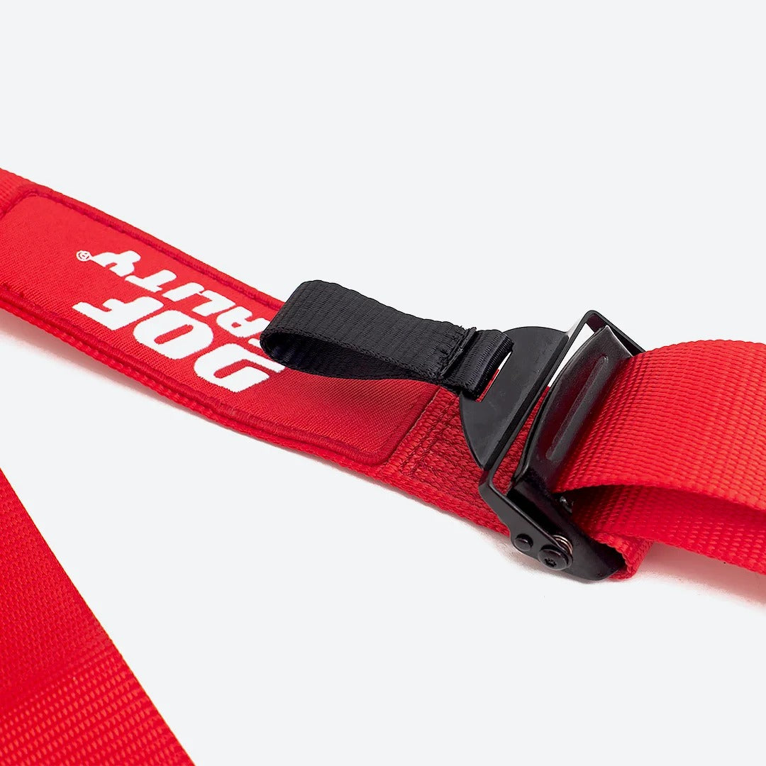 DOF Reality 4-Point Harness - detail of branded red shoulder strap with DOF Reality logo and stitching