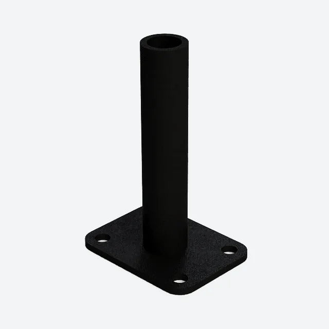 DOF Reality Buttkicker Mount - black steel pedestal bracket with square base plate and four mounting holes