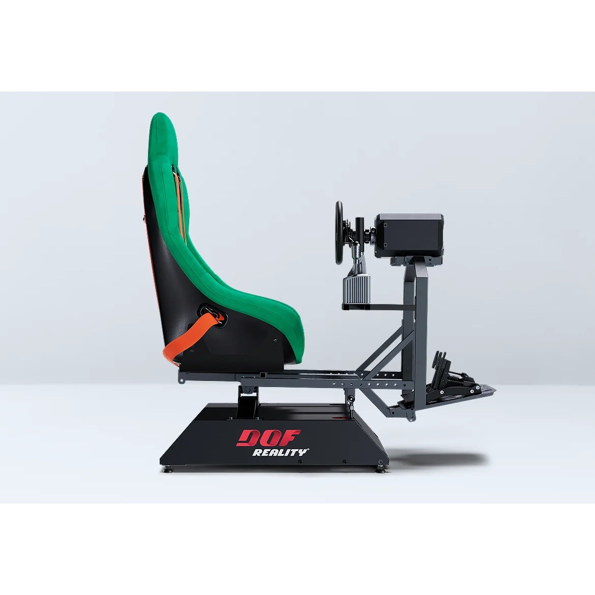 DOF Reality 2-Axis Hero (H2) - side view of full racing cockpit with H2 motion platform, red seat, and steering wheel