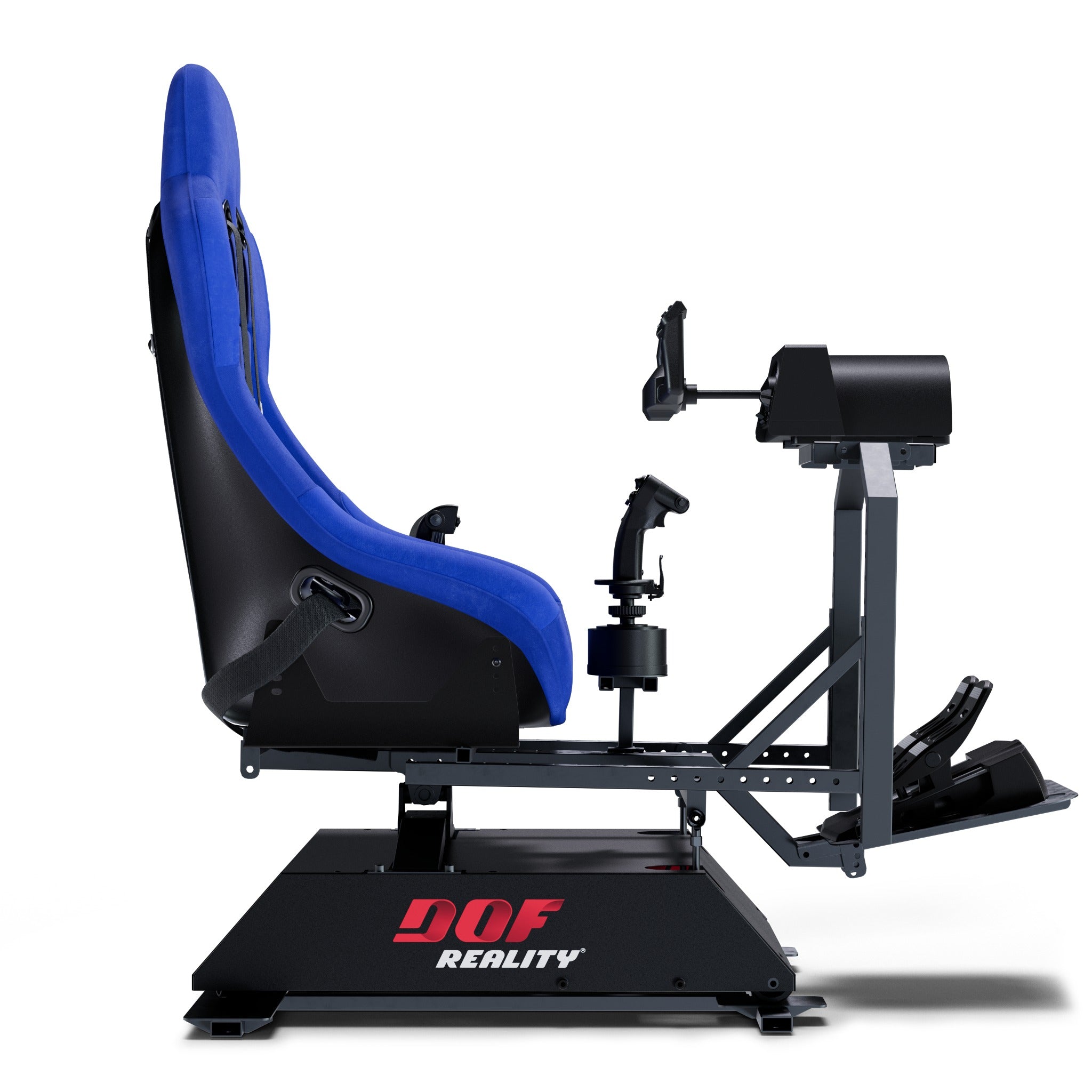 DOF Reality 3-Axis Hero (H3) - side view of flight cockpit with H3 platform, yoke, throttle, and rudder pedals
