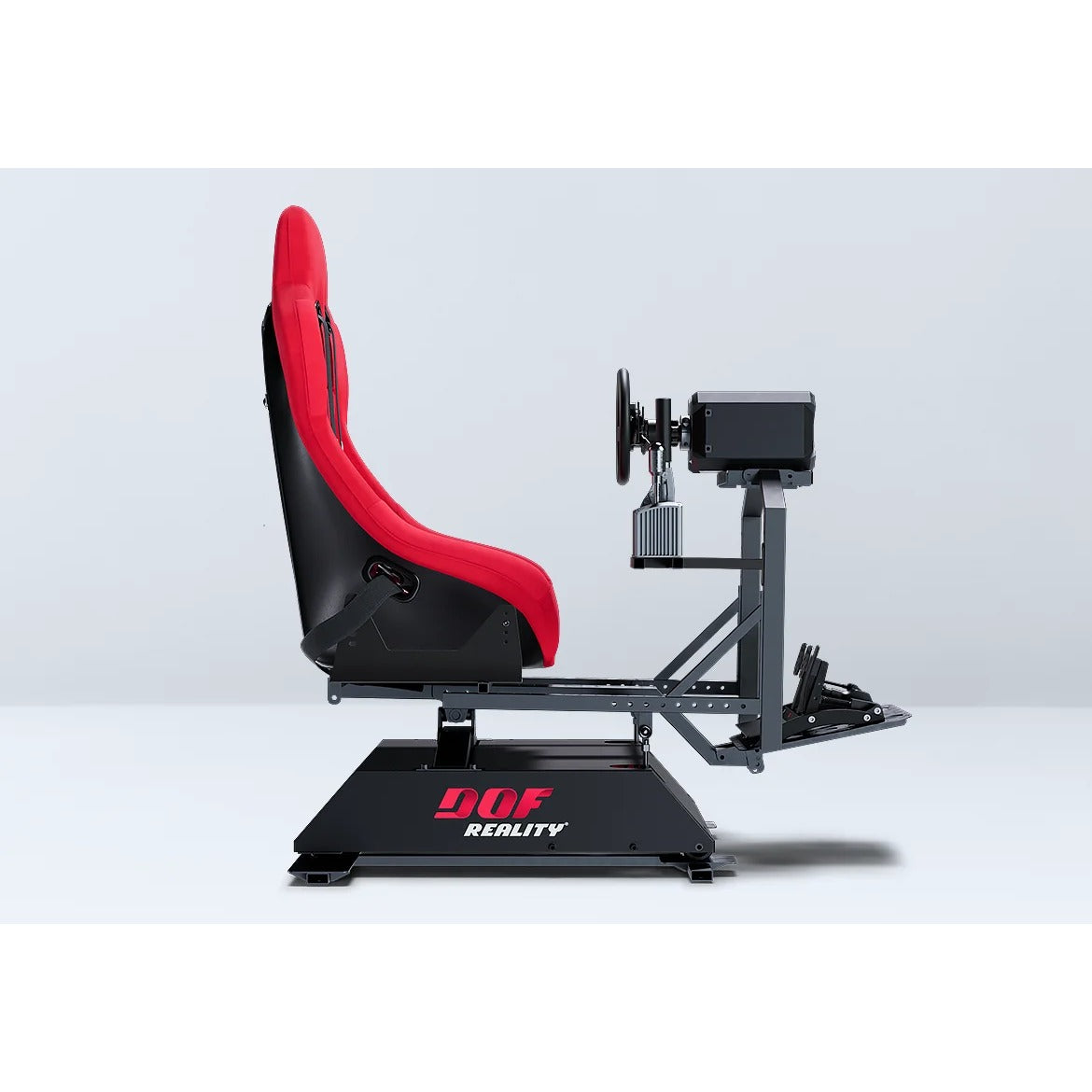 DOF Reality 3-Axis Hero (H3) - side view of racing cockpit with H3 3-axis platform, red seat, wheel, and pedals