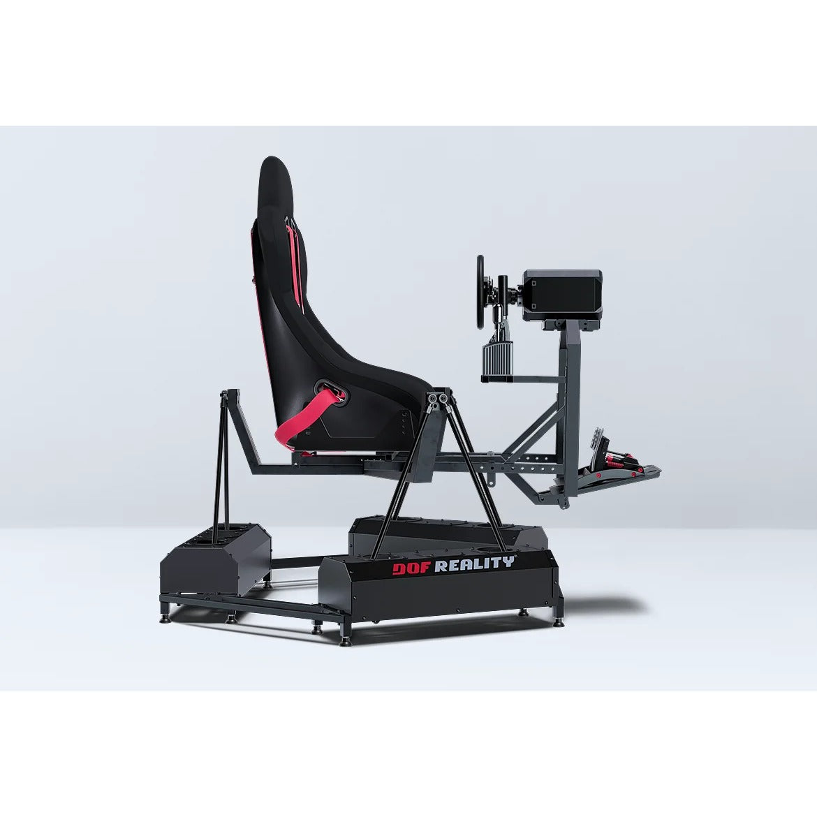 DOF Reality 6-Axis Hero (H6) - side view of full racing cockpit with H6 6-axis platform and red bucket seat