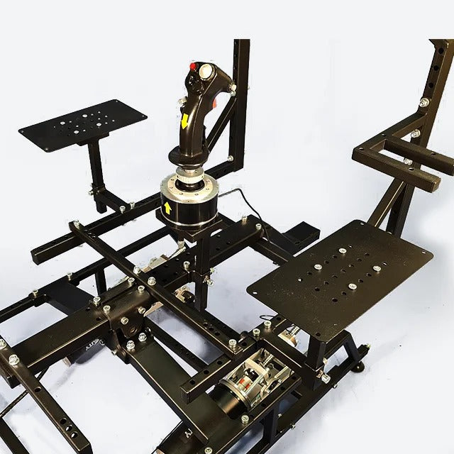 DOF Reality HOTAS Mounts Kit - centre-mounted joystick and throttle arm installed on DOF Reality platform, angled view