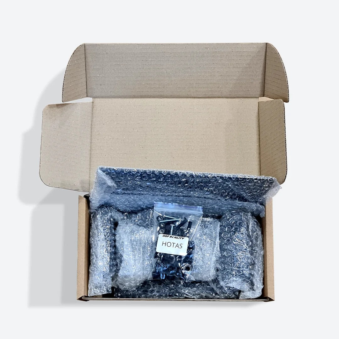 DOF Reality HOTAS Mounts Kit - kit components in open cardboard box showing HOTAS brackets and hardware