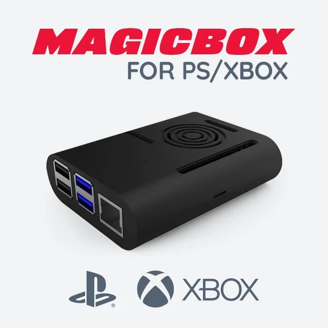 DOF Reality MagicBox for PS/XBOX - compact black console link device with USB and ethernet ports, with PS and Xbox logos