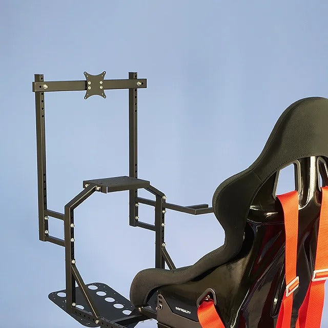DOF Reality Monitor Mount - VESA monitor arm assembled on simulator rig without monitor, showing attachment to frame