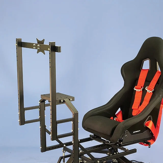 DOF Reality Monitor Mount - rear view of monitor arm assembly attached to DOF Reality rig with racing seat visible