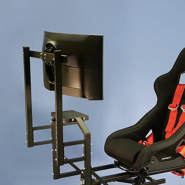 DOF Reality Monitor Mount - curved gaming monitor mounted on rig arm, rear three-quarter view with racing seat