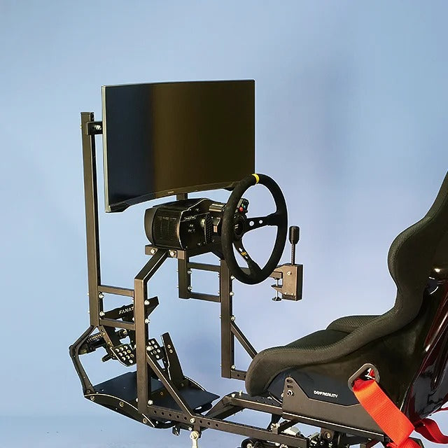 DOF Reality Monitor Mount - full simulator setup with monitor, steering wheel, and pedals on DOF Reality rig with racing seat
