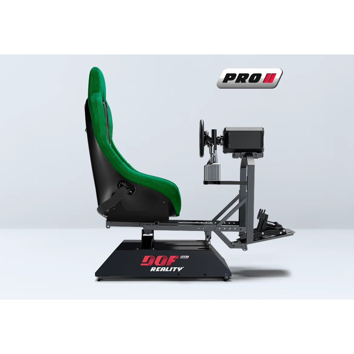 DOF Reality 2-Axis Mover Pro (P2) - side hero view of full racing cockpit with P2 platform and green accent seat