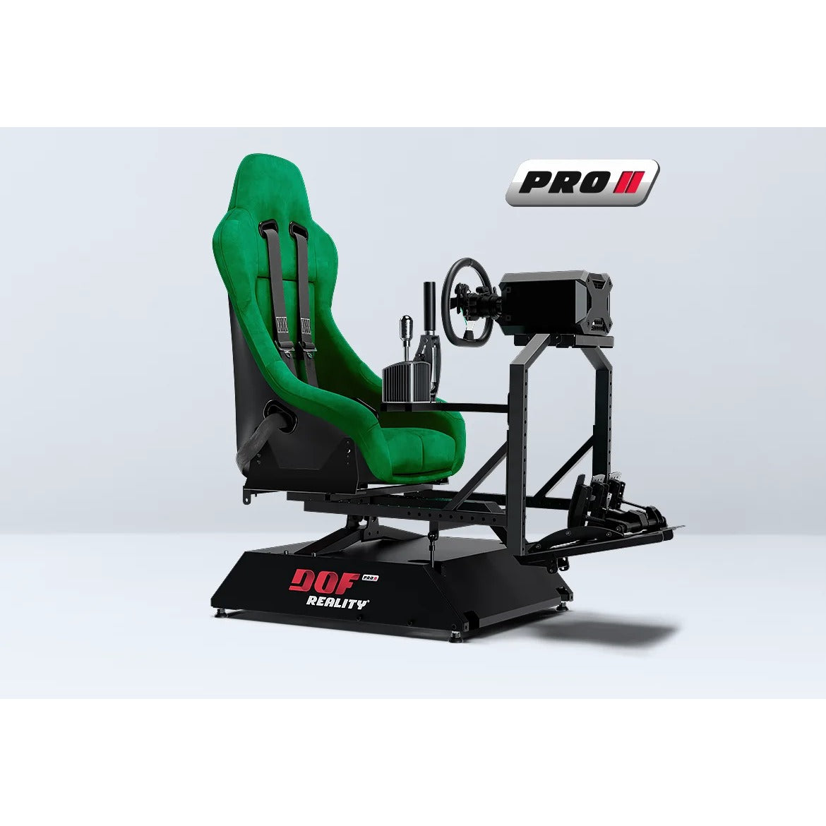 DOF Reality 2-Axis Mover Pro (P2) - three-quarter view of racing cockpit on P2 platform with wheel and pedals