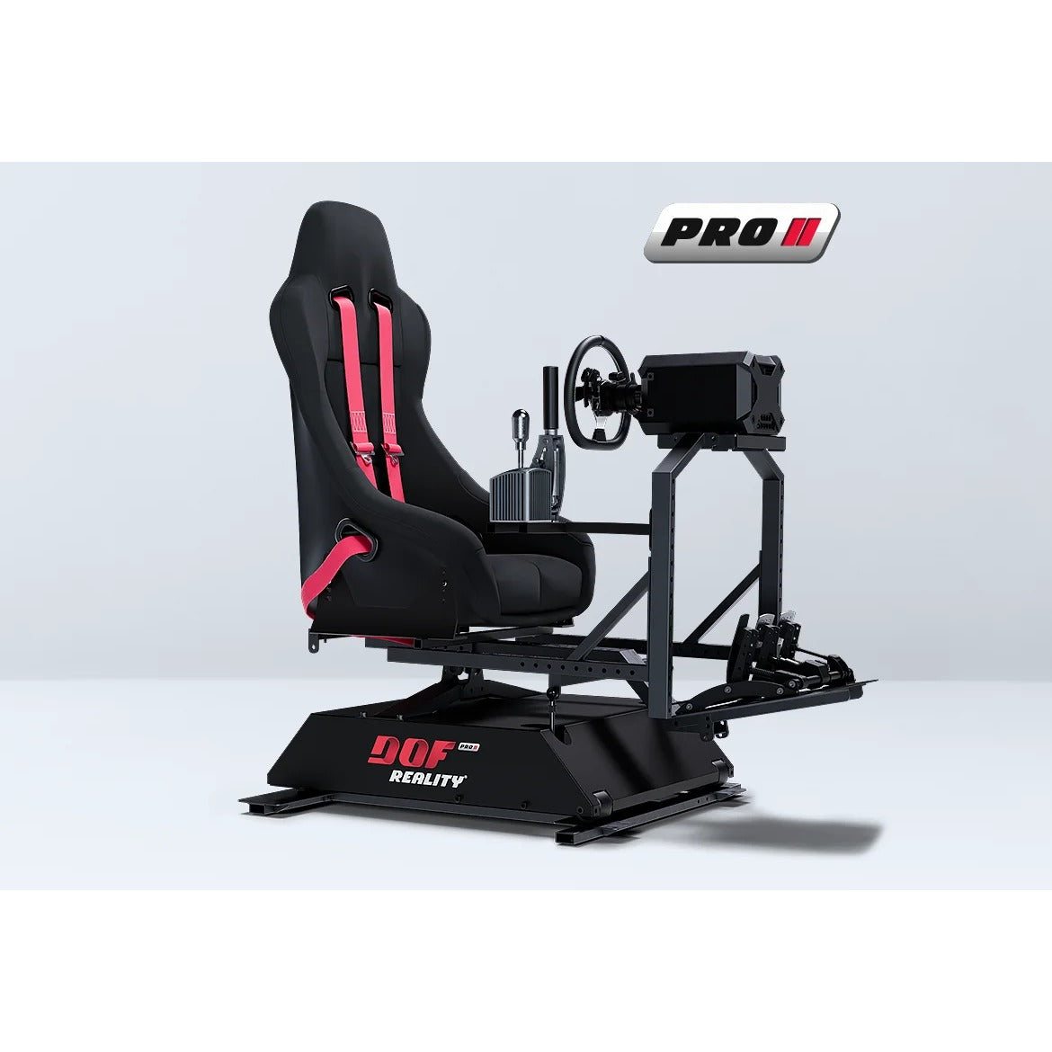 DOF Reality 3-Axis Mover Pro (P3) - three-quarter view of racing cockpit on P3 platform with wheel and pedals