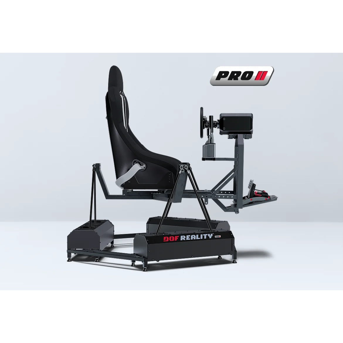 DOF Reality 6-Axis Mover Pro (P6) - side view of full racing cockpit on P6 hexapod Pro platform with red seat