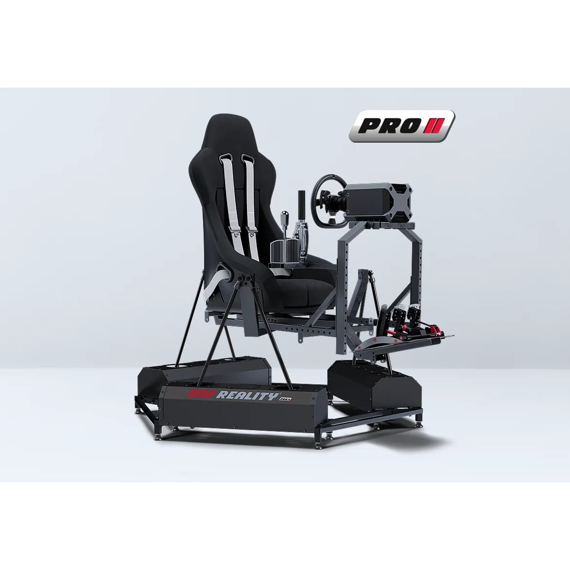 DOF Reality 6-Axis Mover Pro (P6) - three-quarter view of racing cockpit on P6 platform with wheel and pedals