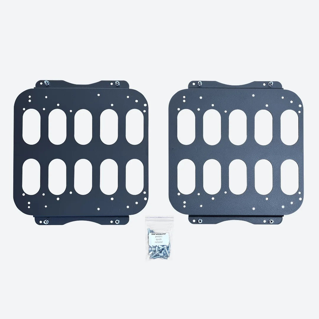 DOF Reality Pedals Quick Release - two black slotted metal adapter plates with hardware bag, flat-lay on white background