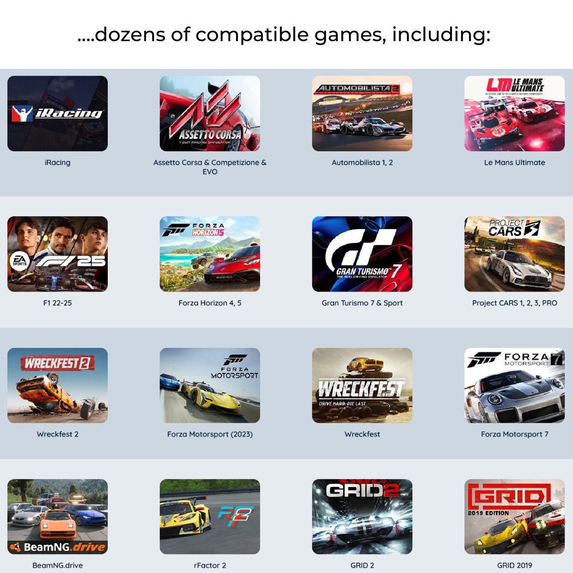 List of compatible games for a gaming console or platform, featuring various racing games.