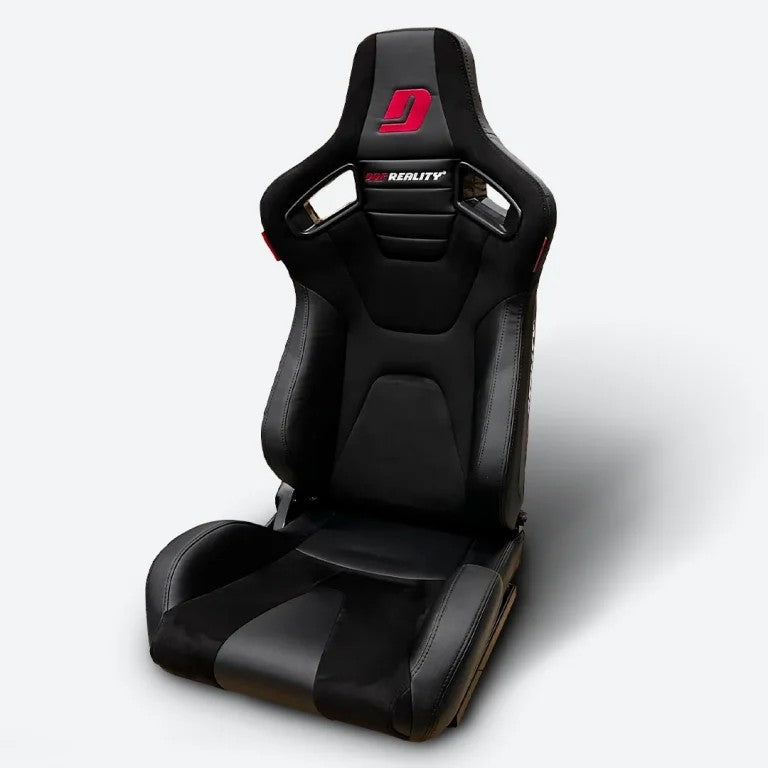 DOF Reality simulator seat - black bucket type seat with red stitching and headrest, front three-quarter view