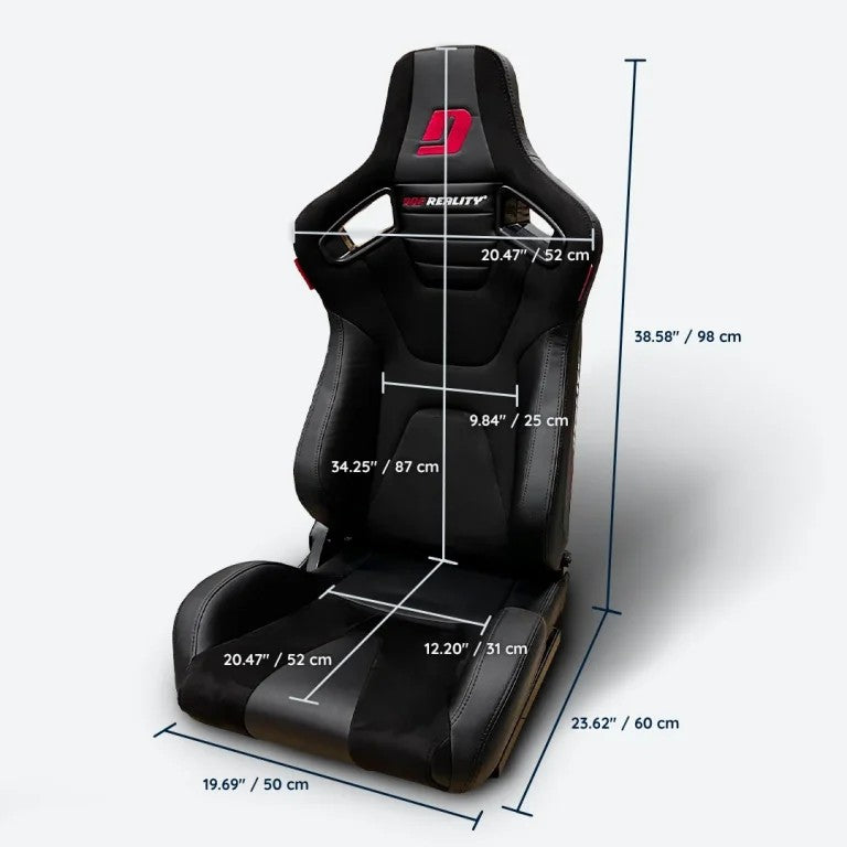 DOF Reality simulator seat - black bucket type seat with red stitching and headrest, side profile view