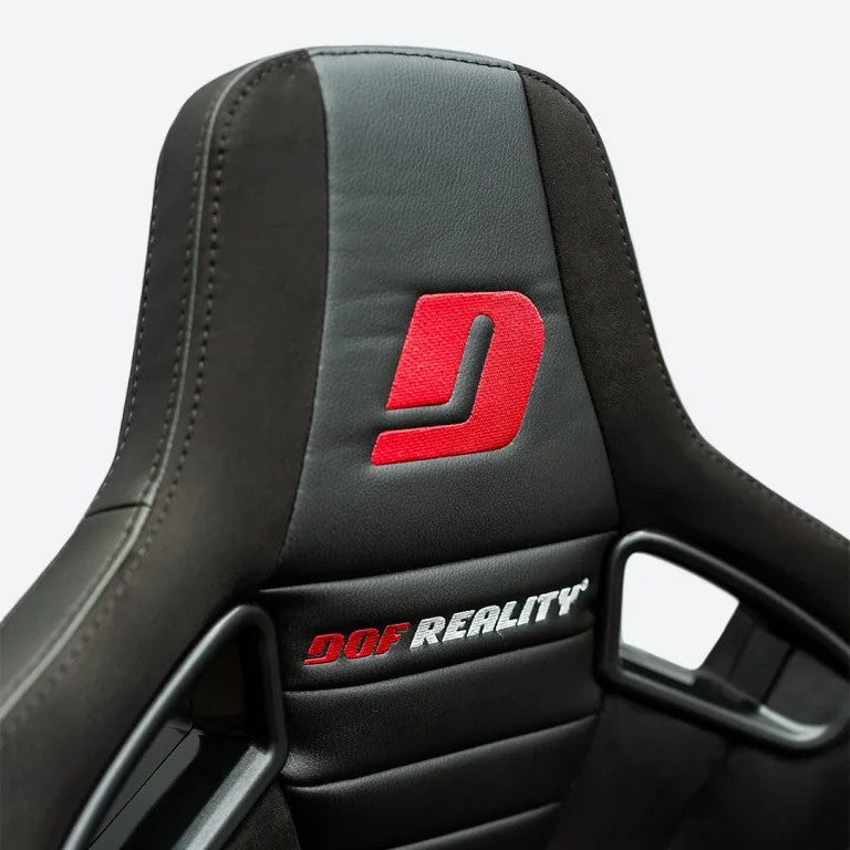 DOF Reality simulator seat - zoomed focus on black/grey headrest with DOF Reality branding and red accent stitching