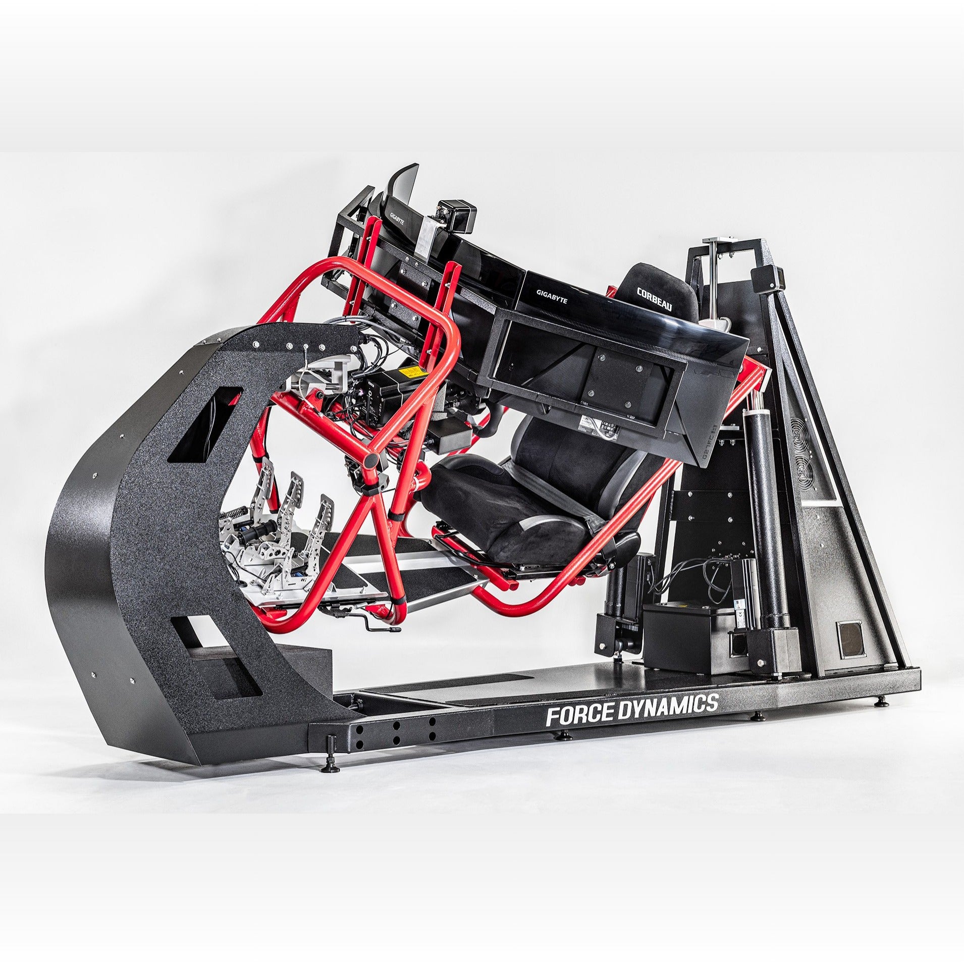 Force Dynamics 202 RTR - three-quarter studio view with cockpit pitched forward, showing red roll frame, Corbeau seat and triple displays