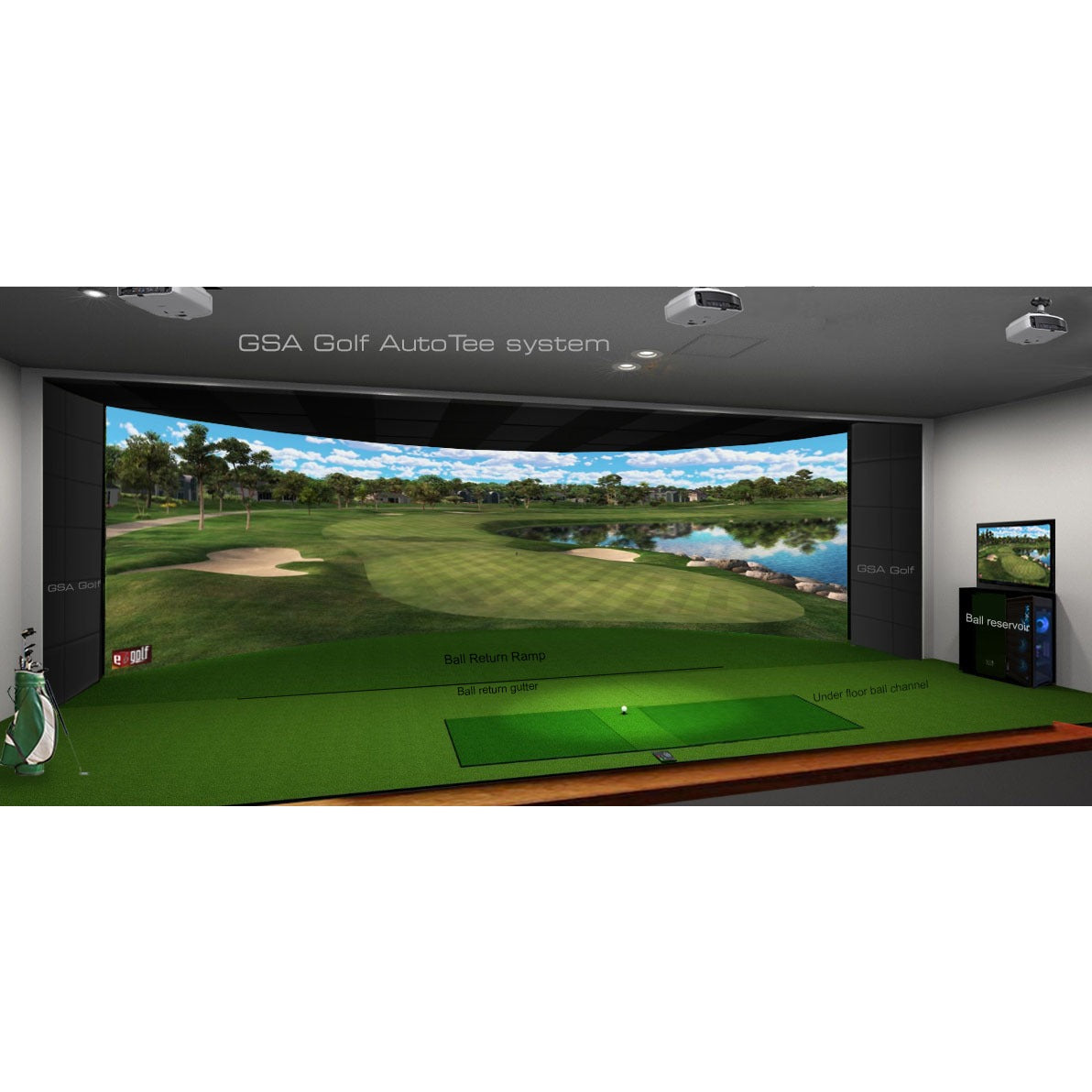 Golf simulator room with a large screen displaying a golf course with GSA Golf auto tee.