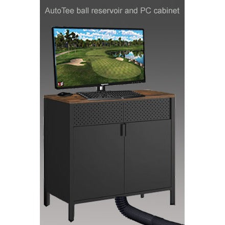 Black cabinet with a computer setup and golf game on screen