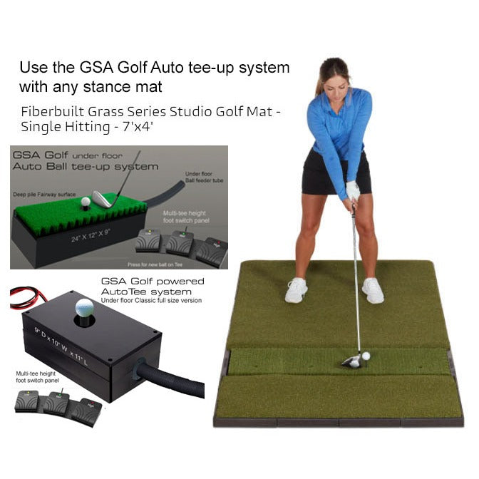 Woman practicing golf swings on a Fiberbuilt Grass Series Studio Golf Mat with GSA Golf Auto tee-up system.