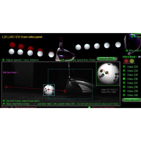 Golf simulator shot analysis video feed and interface on a screen