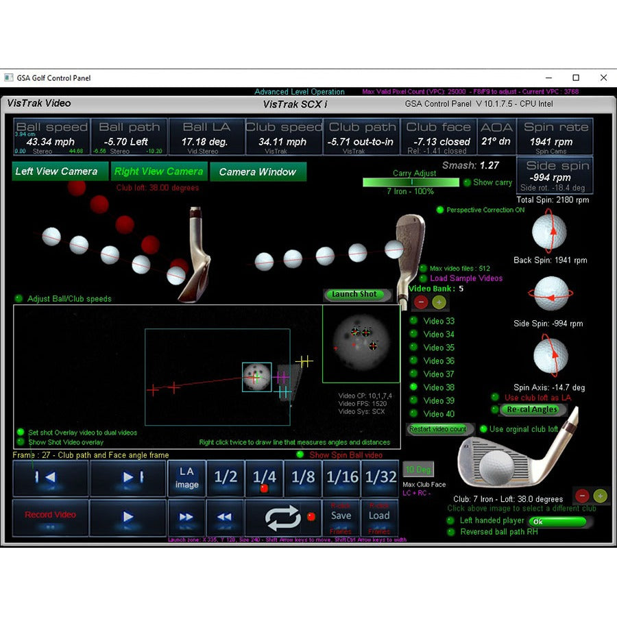 GSA Golf VisTrak SCX Pro - simulator software interface with ball tracking data overlay