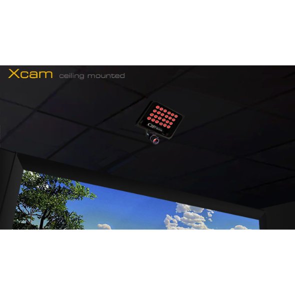 Ceiling-mounted Xcam camera with golf simulator screen in background