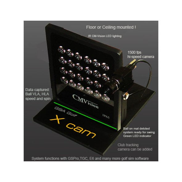 GSA Golf X Cam device with LED lights and camera on a gray background